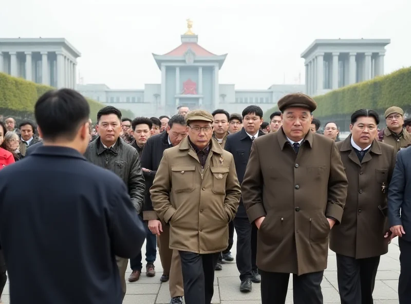 A group of Western tourists being guided through a carefully manicured public space in Pyongyang, North Korea, with stern-faced officials observing.