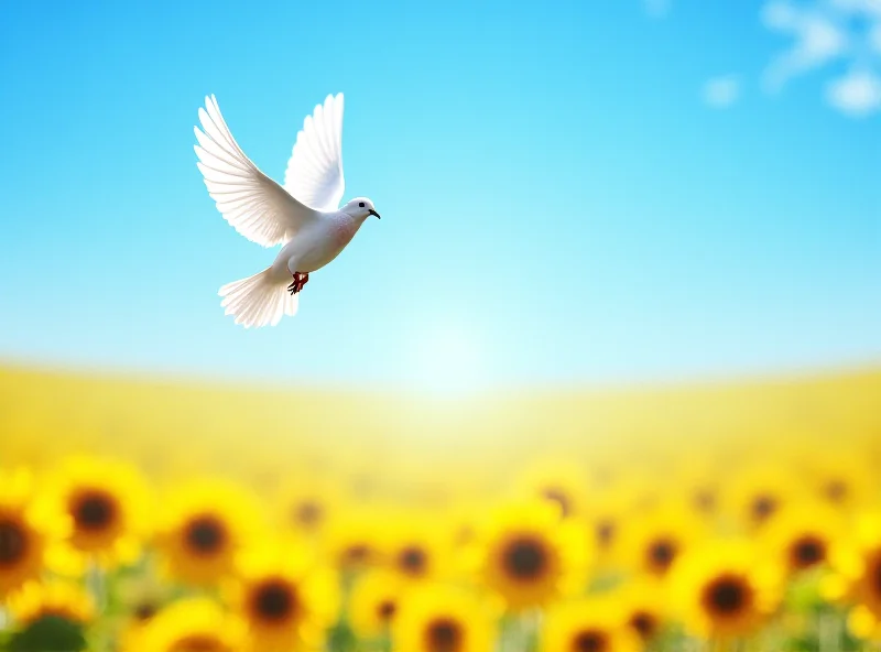 A dove flying over a field of sunflowers, symbolizing peace and hope.