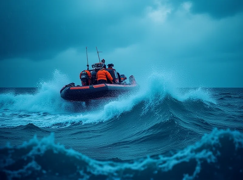 Search and rescue boat at sea during a storm, searching for migrants.