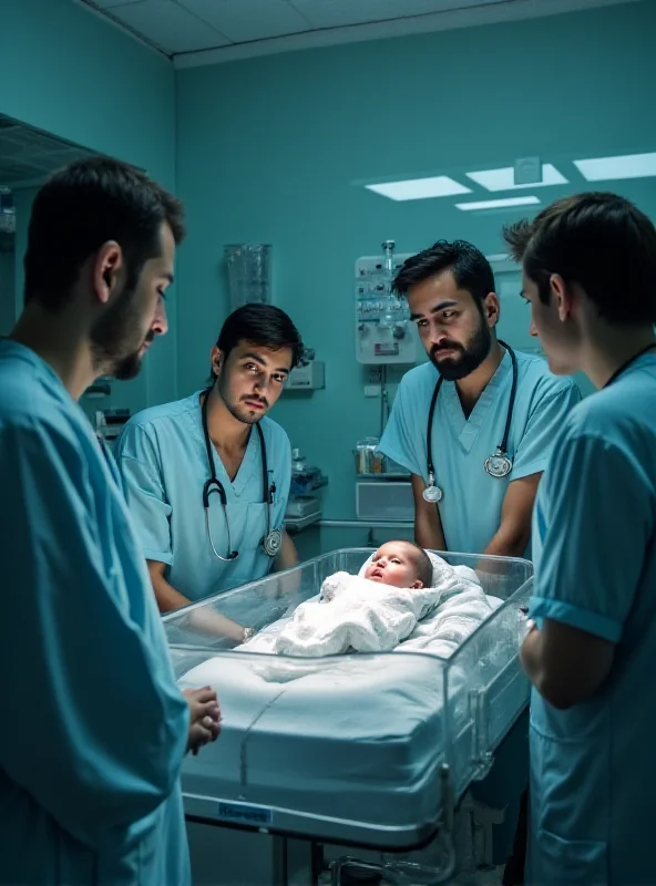 A group of concerned doctors and nurses gather around a baby incubator in a hospital in Gaza.