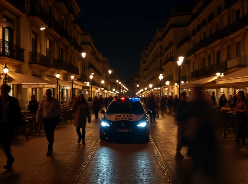 Olavide Square at night, with people walking around, police car in background