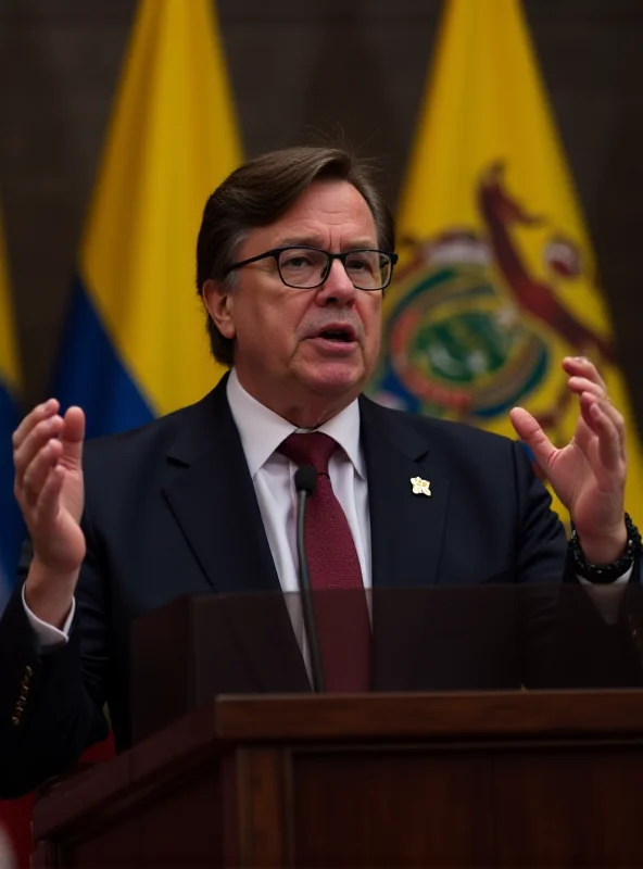 Gustavo Petro giving a speech at a podium with the Colombian flag behind him