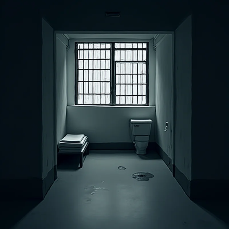 Illustration of a Thai prison cell interior, showing a simple bed and a barred window.