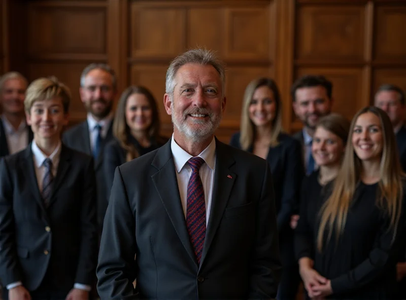 Image of a courtroom scene with a Scottish man and his family looking relieved after an acquittal.