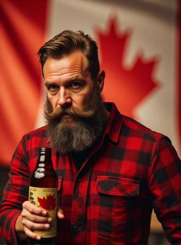 Image of the Joe Canadian beer ad featuring a rugged Canadian man holding a beer with a Canadian flag in the background.