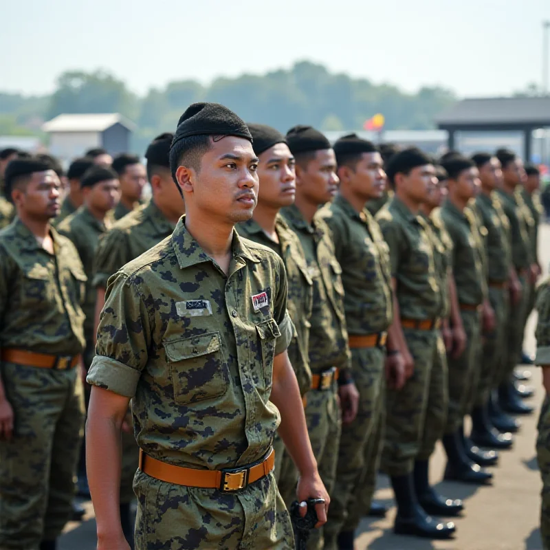 Image of a diverse group of Malaysian soldiers standing together in uniform, representing different ethnicities and backgrounds.