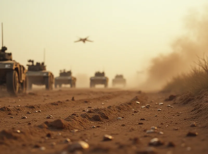 Image of a battlefield with simple, low-cost weapons like drones and artillery shells in the foreground and advanced technology in the background.