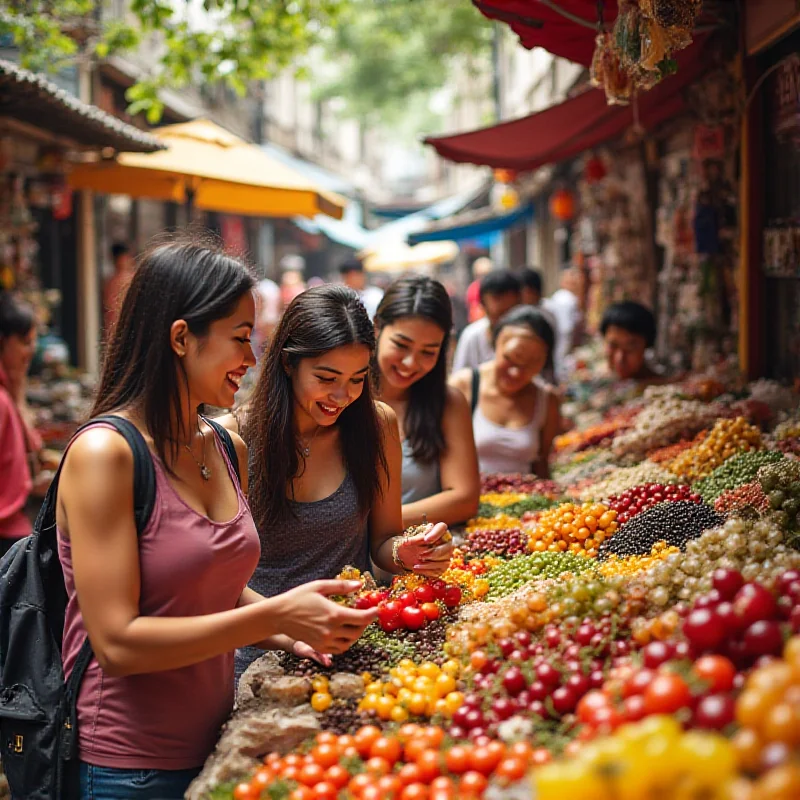 Image of a group of Chinese tourists happily exploring a vibrant street market in Southeast Asia, contrasted with a faded image of Western landmarks in the background.