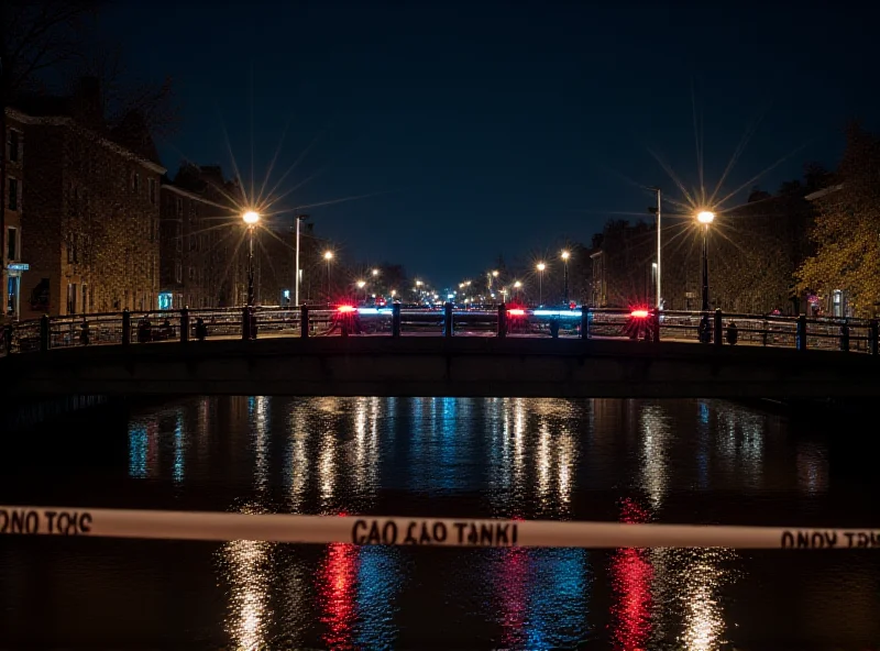 Image of Chelsea Bridge in London, with police tape and flashing lights, during a somber evening scene. The River Thames flows beneath the bridge.