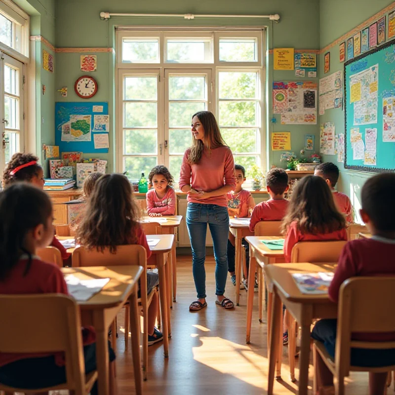 An elementary school classroom with children at their desks.