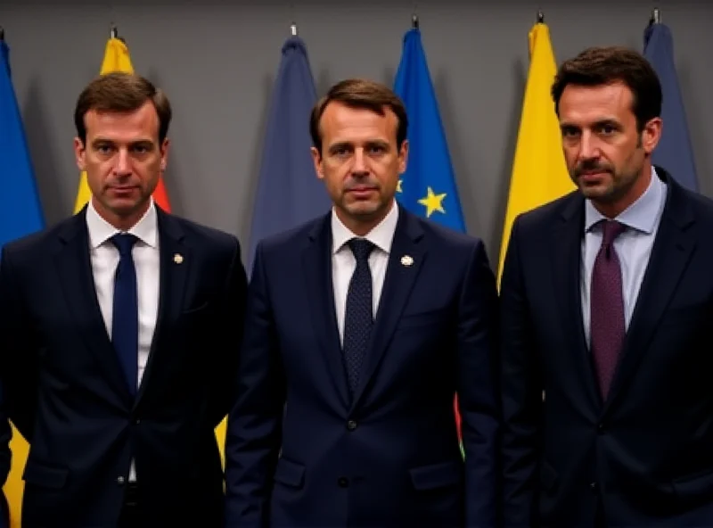 Emmanuel Macron, Andrzej Duda, and Pedro Sánchez standing side-by-side at a press conference, with Ukrainian flags in the background.