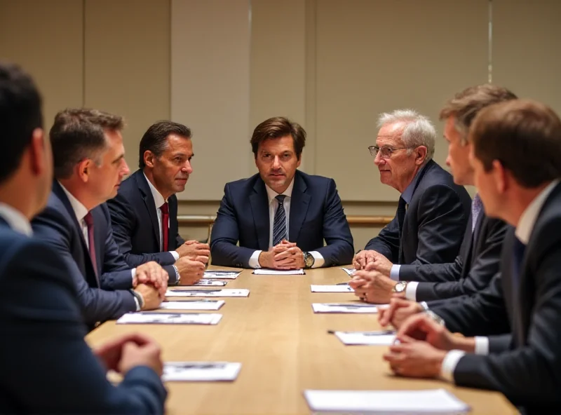 A diverse group of people seated around a table in a meeting room, representing independence and loyalist parties in New Caledonia. Manuel Valls is pictured at the head of the table.