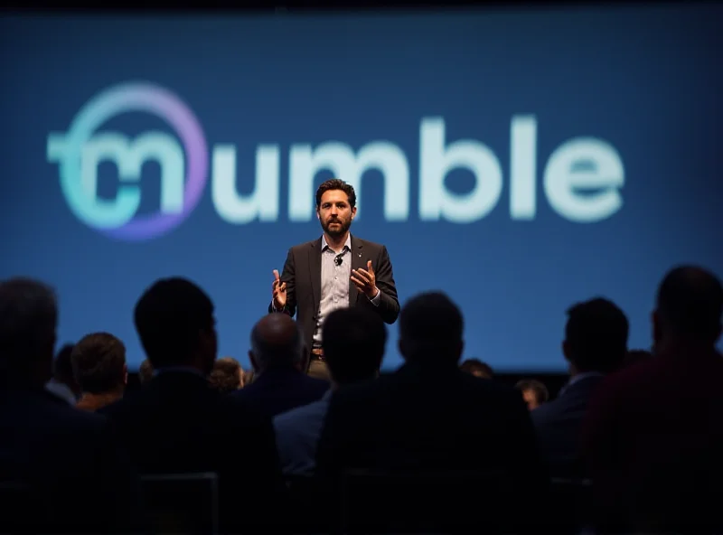 Chris Pavlovski, CEO of Rumble, giving a speech at a tech conference. He is wearing a suit and tie and gesturing with his hands. The Rumble logo is displayed prominently on a screen behind him.