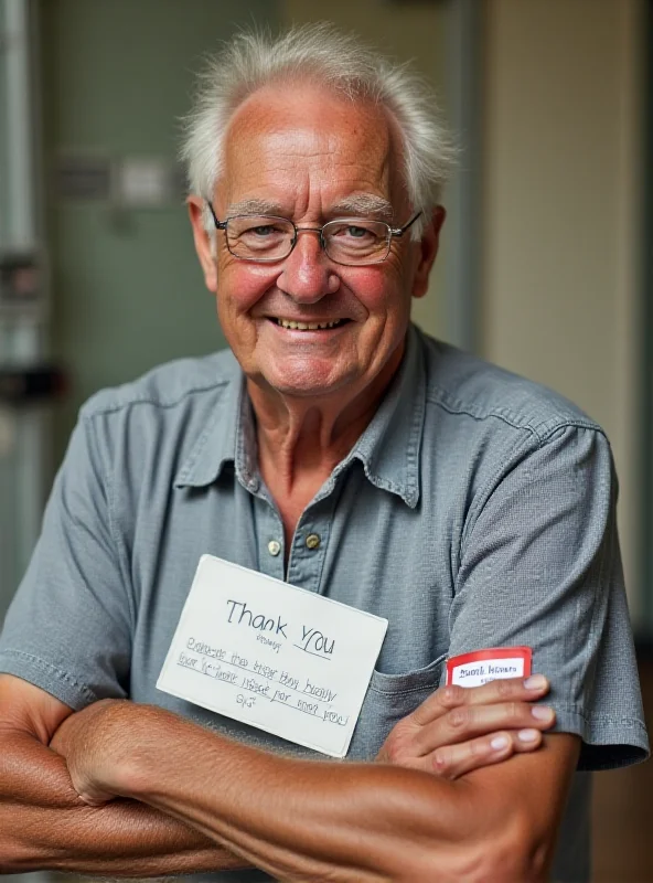 A portrait of an elderly Australian man with a kind smile, wearing a blood donation armband, and holding a thank-you card.