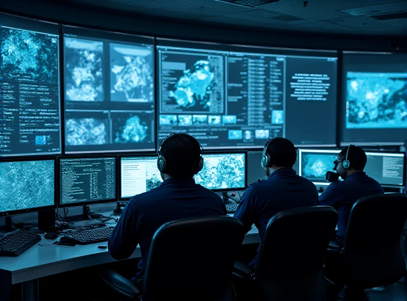 Police officers working at computers in a high-tech command center.
