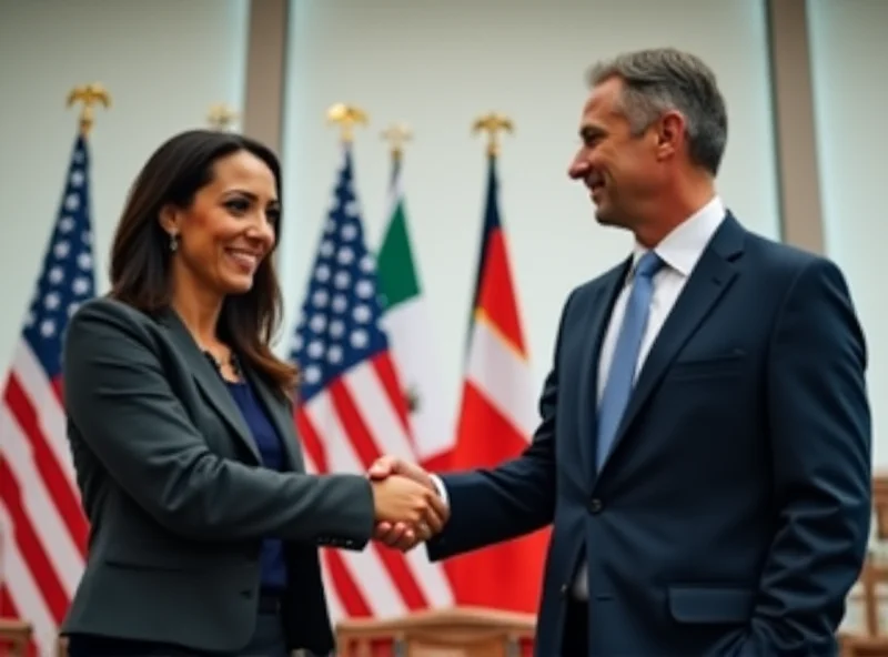 A businessman shaking hands with a businesswoman in front of flags of the US, Canada, and Mexico.