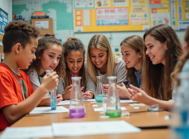 A diverse group of middle school students working together on a project in a classroom.