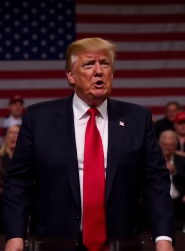 Donald Trump speaking at a podium with the American flag behind him