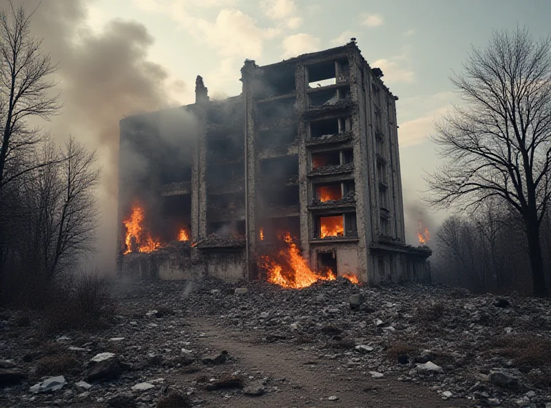 A bombed building in Ukraine with smoke rising.