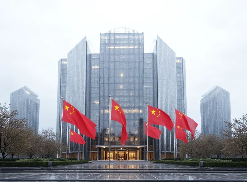 Architectural rendering of a modern embassy building with Chinese flags waving in front, set against the London skyline.