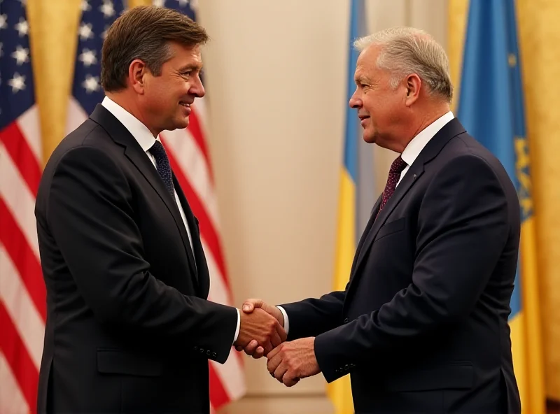 Volodymyr Zelensky shaking hands with an American president in a formal setting, with flags of Ukraine and the United States displayed in the background.