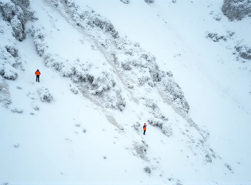 An aerial view of a mountainous region covered in snow, with rescue workers searching the area after an avalanche.