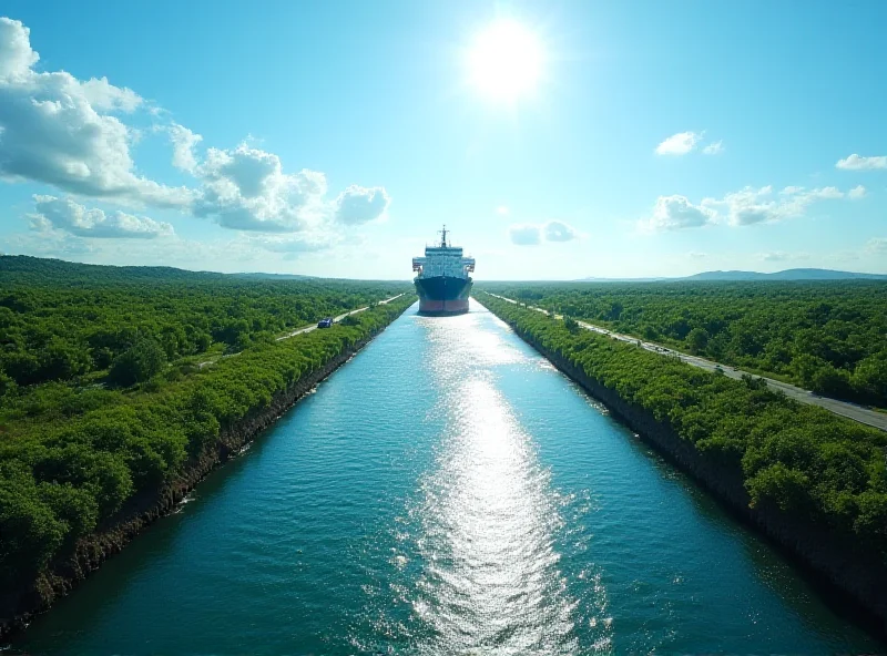 A wide shot of the Panama Canal, showcasing a large cargo ship passing through the locks. Lush green vegetation surrounds the canal.