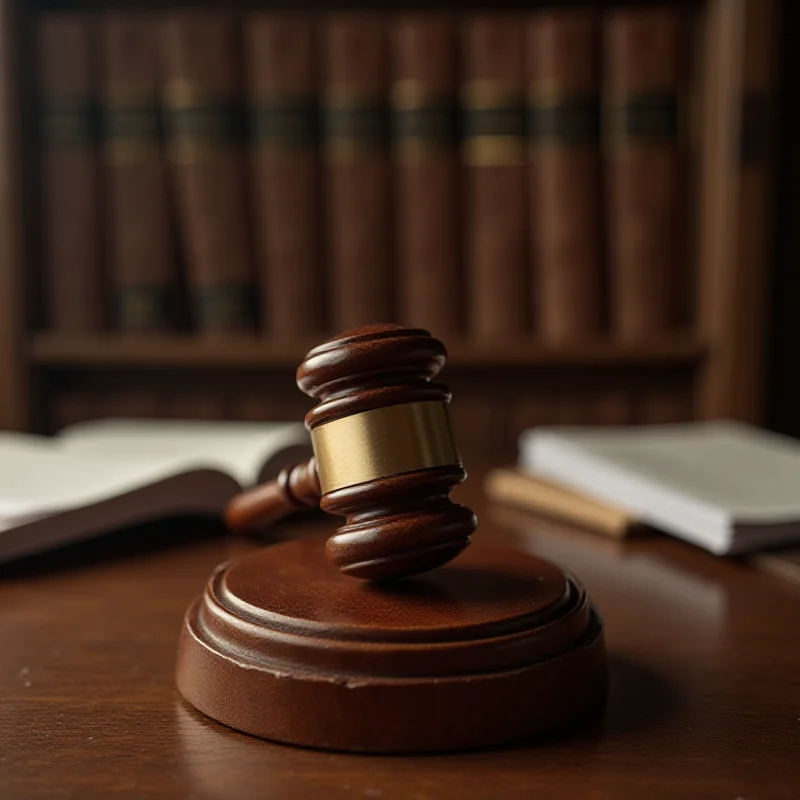 A gavel resting on a wooden block in a courtroom setting, symbolizing legal judgment and justice.