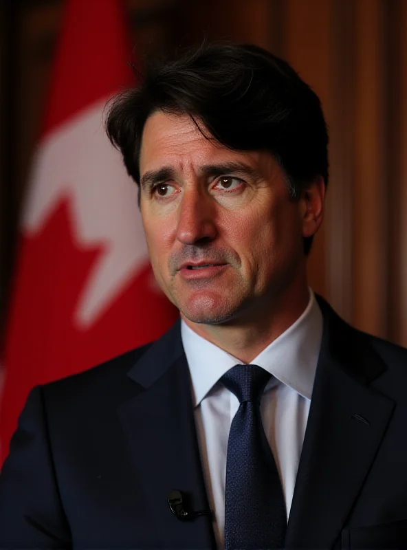 Justin Trudeau delivering a speech, looking concerned. A Canadian flag is visible in the background.