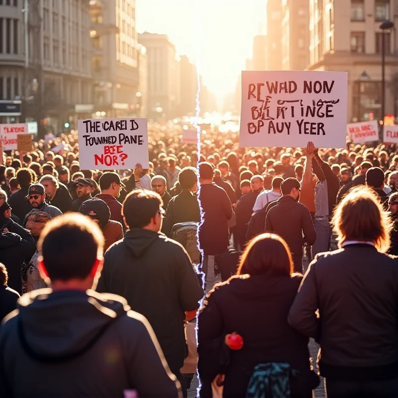 Split image. One side shows a diverse group of people protesting for progressive causes. The other side shows a rally with people holding signs supporting conservative values. A subtle line divides the image in the middle.