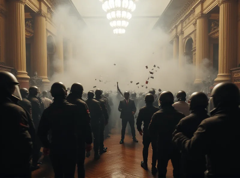 A chaotic scene in the Serbian Parliament with smoke and people clashing.