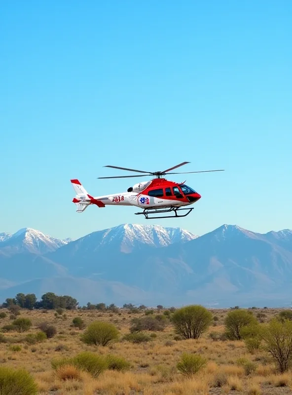 An air ambulance helicopter in flight over a rural landscape.