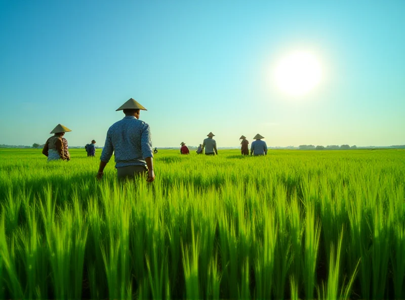 A group of padi farmers working in a rice field.