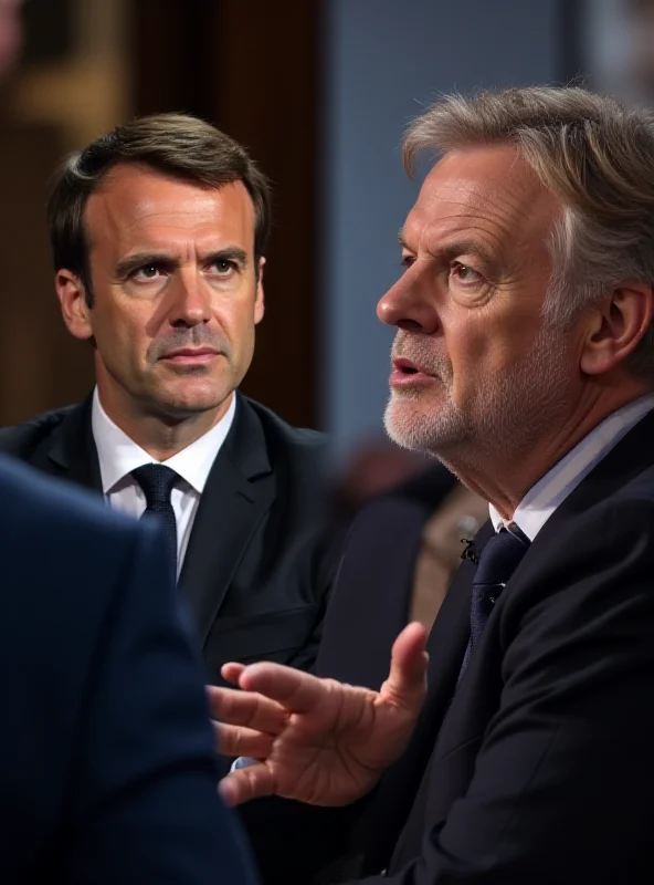 A split image showing Emmanuel Macron and Marine Le Pen in a political debate setting. Macron appears composed and confident, while Le Pen is gesturing emphatically, conveying a sense of passionate disagreement. The background is blurred to emphasize the two figures.