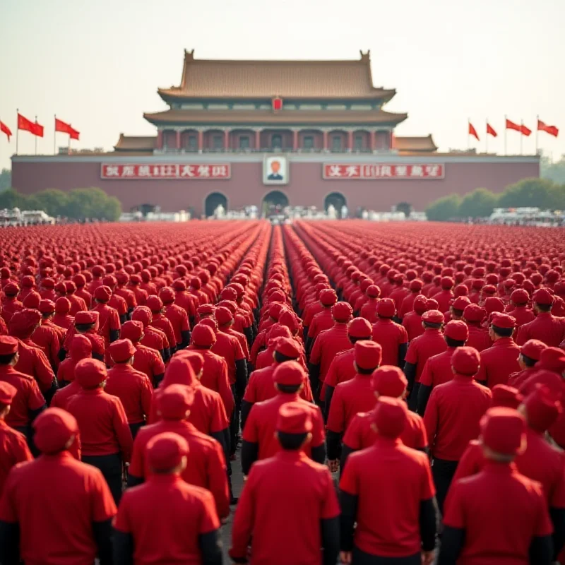 A wide shot of Tiananmen Square in Beijing, filled with thousands of civilian volunteers wearing red armbands. The volunteers are standing in organized rows, facing towards the camera. In the background, the iconic Tiananmen Gate and portraits are visible, creating a sense of official control and order.