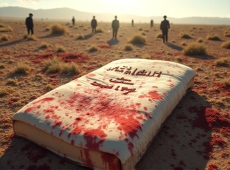 Image of a bloodstained mattress lying on the ground near a mass grave