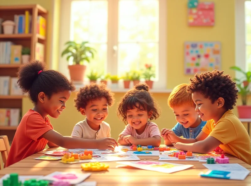 A diverse group of children playing together in a brightly lit classroom