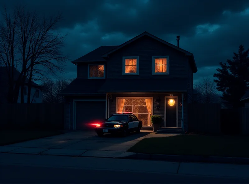 Illustration of a suburban house at night with flashing police lights and a faint glow of fire emanating from one of the windows. Emphasize the sense of unease and domestic disturbance.