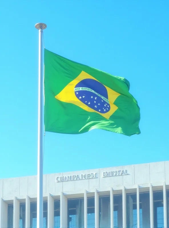 Image of the Brazilian flag waving in front of the Itamaraty building.