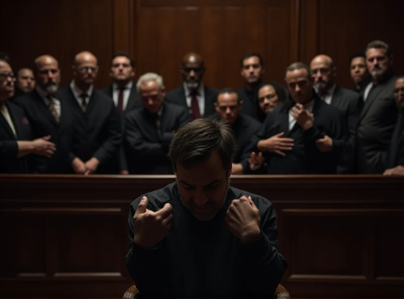 A courtroom scene with a defendant sitting before a judge.