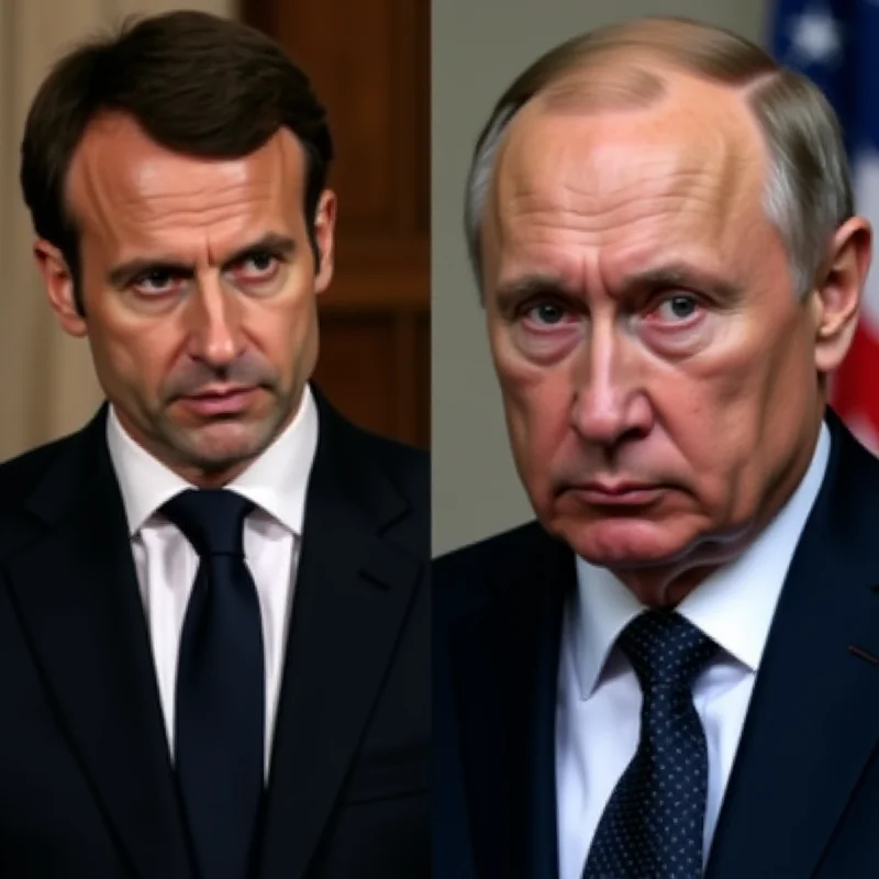 A split image showing Emmanuel Macron and Vladimir Putin facing each other.