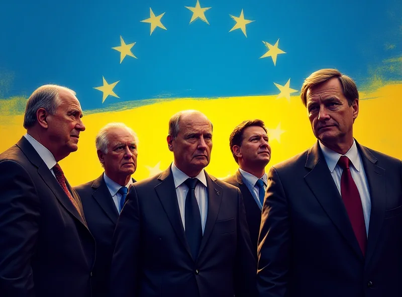 A group of European leaders standing together, symbolizing unity and support for Ukraine, with the Ukrainian flag prominently displayed.