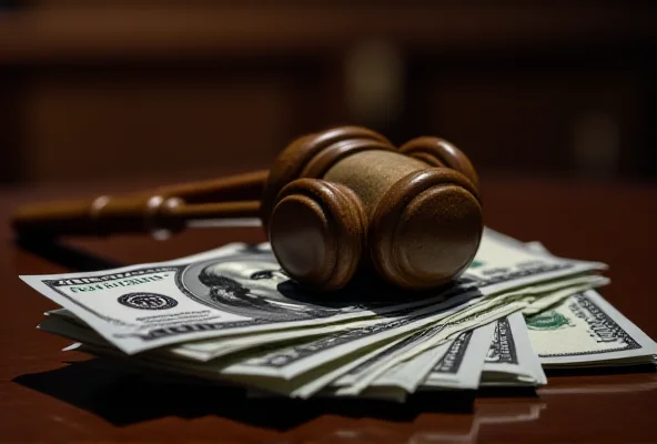 A gavel resting on a stack of money, symbolizing money laundering charges.