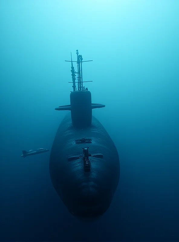 A Royal Navy Vanguard Class submarine submerged in the ocean, with a Trident missile silhouette superimposed.