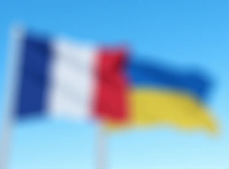 The French flag and the Ukrainian flag waving side-by-side against a blue sky.