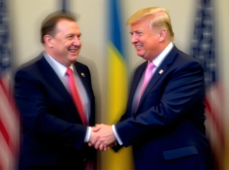 Donald Trump and Wolodymyr Zelenskyy standing side-by-side, shaking hands, with flags of the United States and Ukraine in the background.