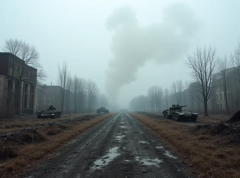 A battlefield scene in Ukraine, showing destroyed buildings and military vehicles, with smoke rising in the background.