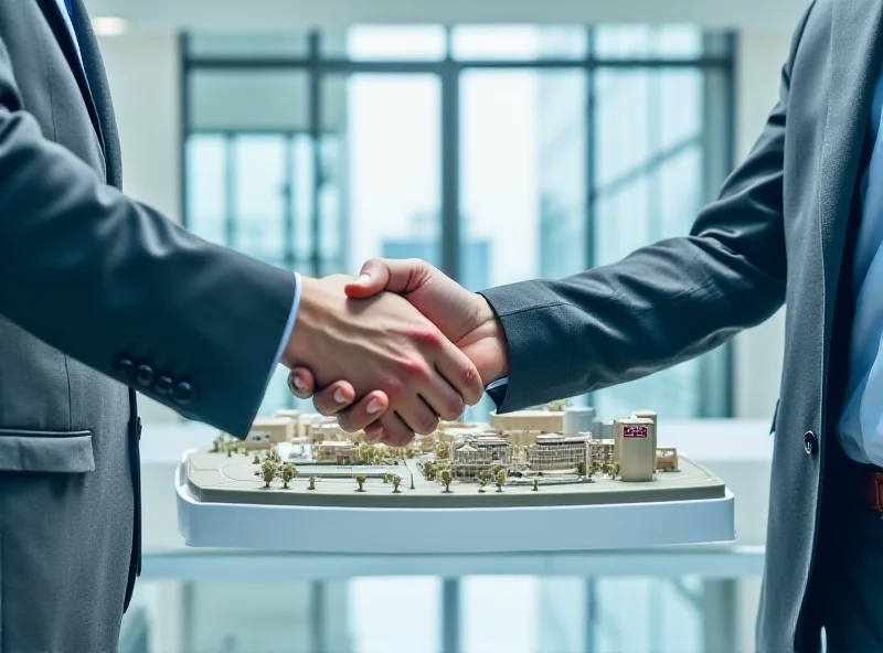 Uzbekistan and IAEA representatives shaking hands in front of a nuclear facility model