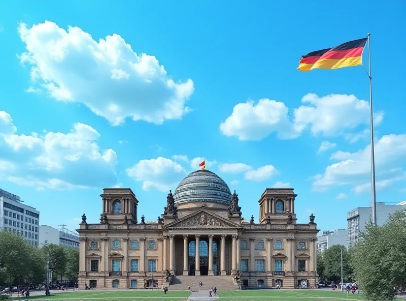 German flag waving in front of the Reichstag building in Berlin.