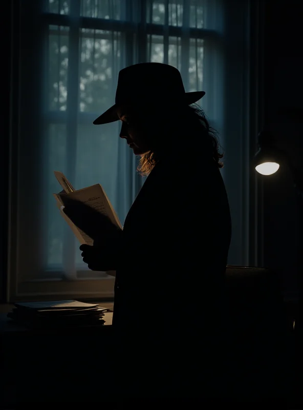 Silhouette of a detective in a dimly lit room, looking at a file.